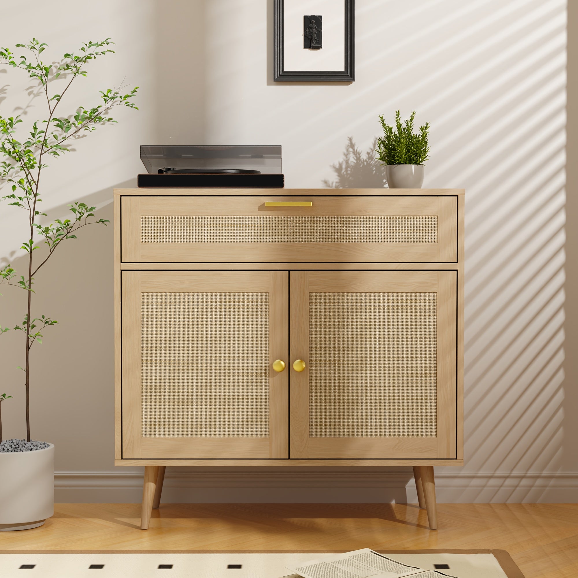 MHOM Rattan Buffet Sideboard Cabinet with Storage, Boho Kitchen Cabinet with Drawer & 2 Doors