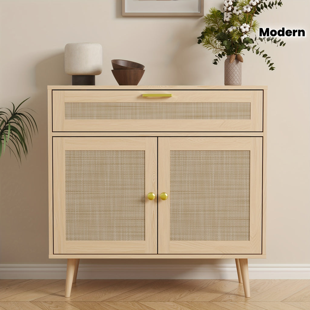 MHOM Rattan Buffet Sideboard Cabinet with Storage, Boho Kitchen Cabinet with Drawer & 2 Doors