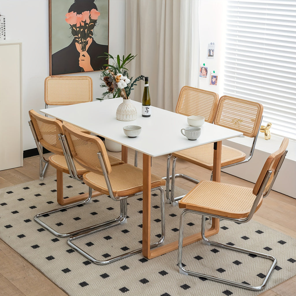 Set of Two Dining Chairs Featuring Velvet And Rattan, Designed with Chrome Legs