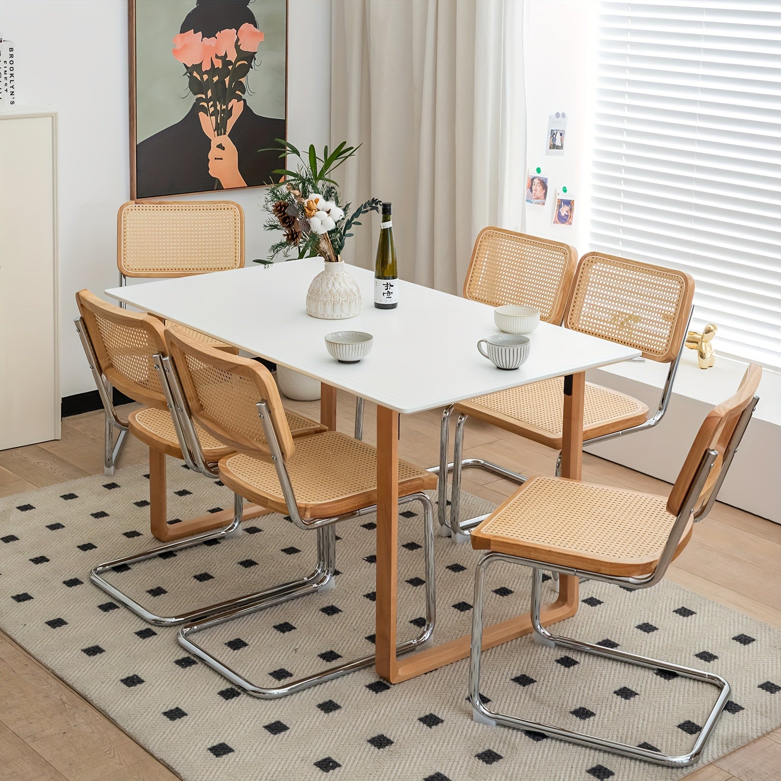 Set of Two Dining Chairs Featuring Velvet And Rattan, Designed with Chrome Legs