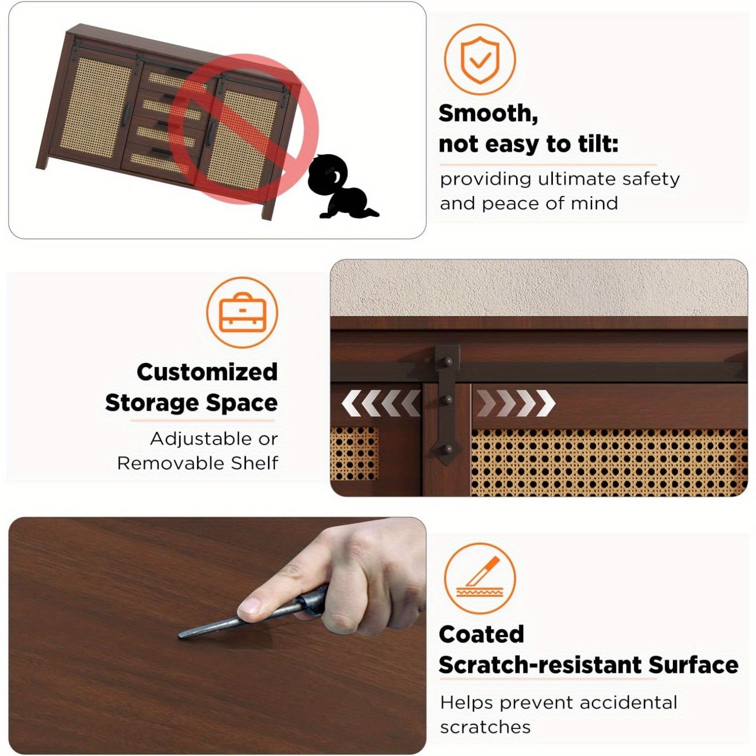 Farmhouse Sideboard Buffet with Sliding Barn Doors & Rattan Details