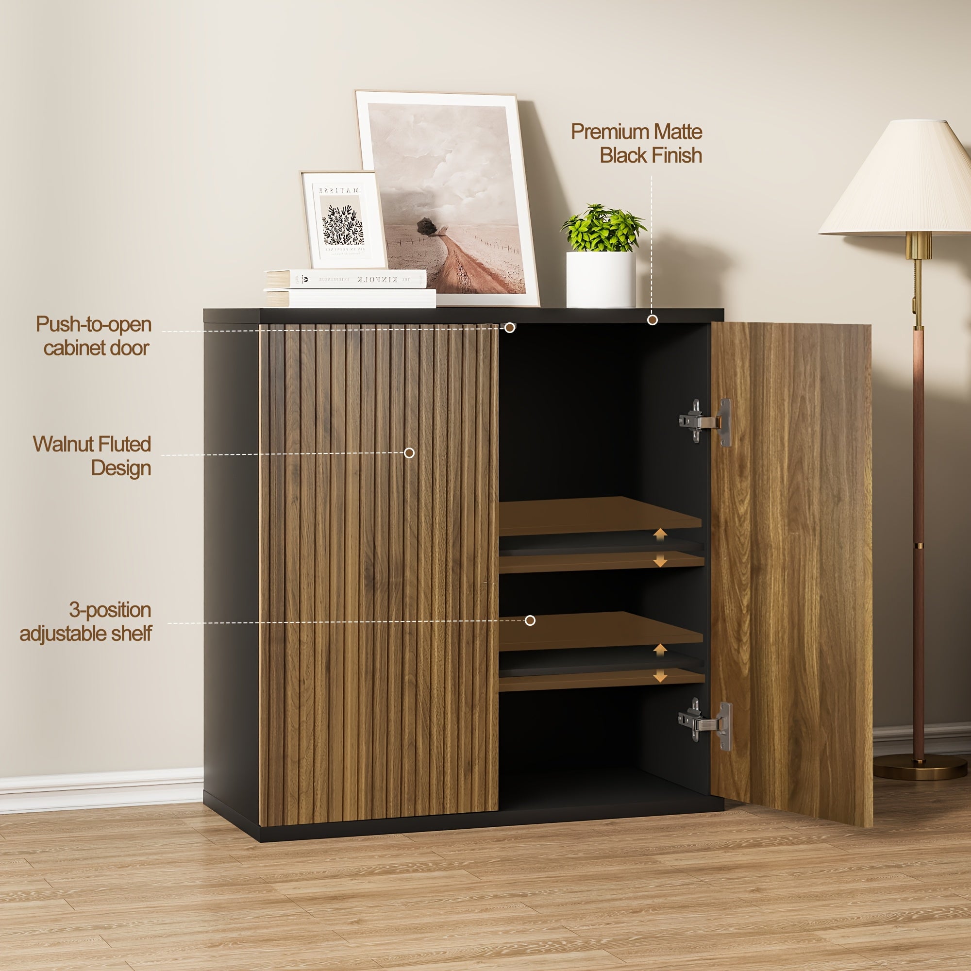 Vertical Ribbed Walnut End Thermoformed Two-Door Cabinet