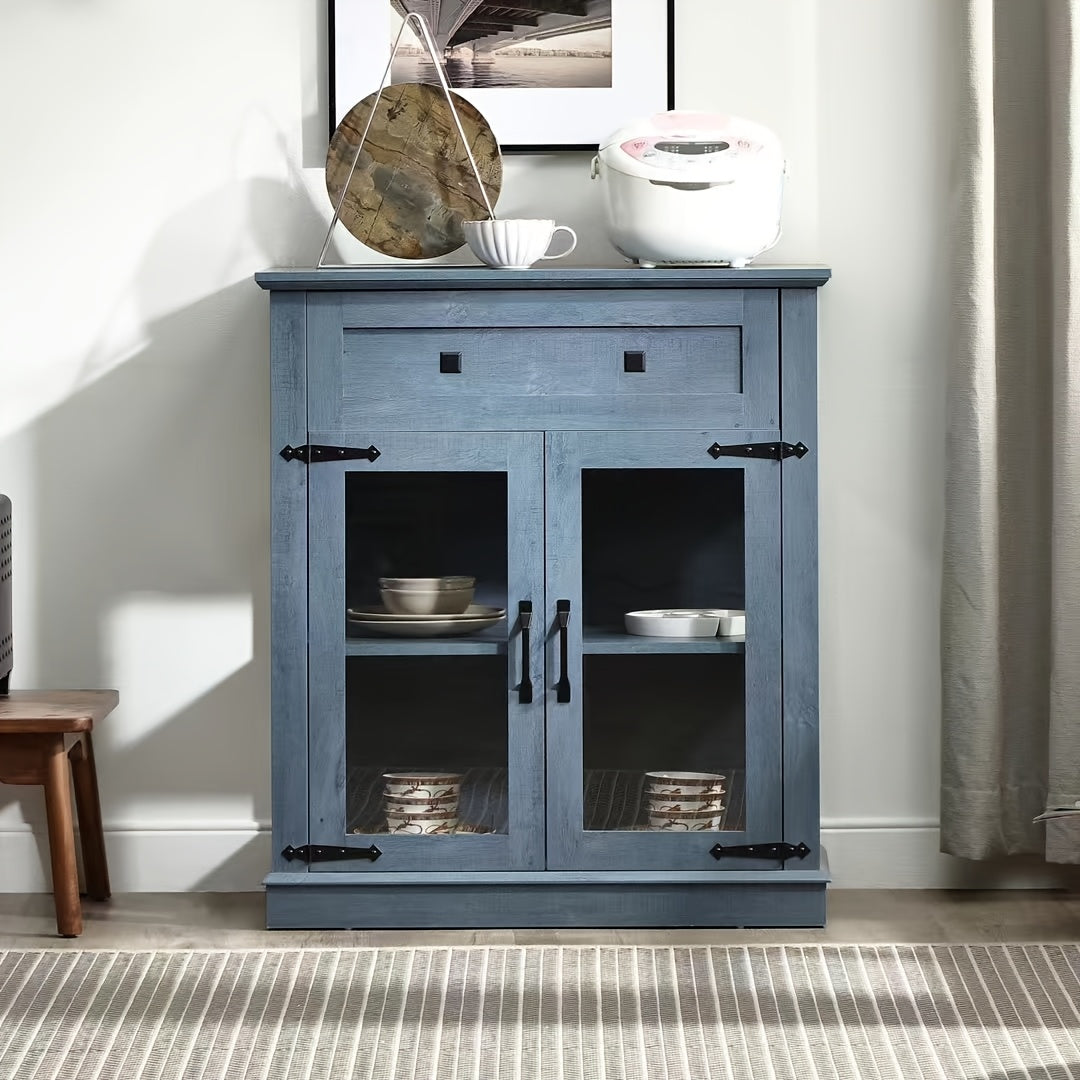 Contemporary Blue Buffet Cabinet with Glass Doors & Adjustable Shelves - 3.2+ Cubic Feet Storage